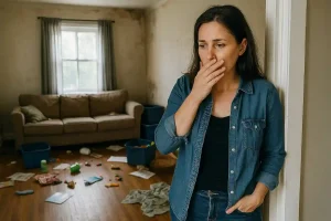 Stressed landlord looking at a messy rental property with clutter and damage