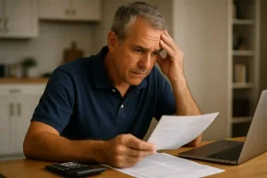 Middle-aged landlord worried about taxes while reviewing financial documents at kitchen table.