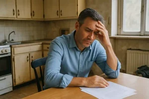 Frustrated landlord sitting with paperwork, dealing with bad tenants in a cluttered rental property