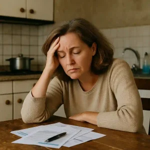 Middle-aged woman landlord looking stressed while sitting at a kitchen table cluttered with bills